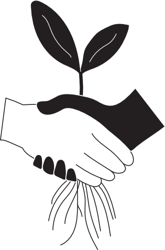 Two hands shake and above the hands is a plant blooming. At the bottom of the hand shake are the roots of the plant.