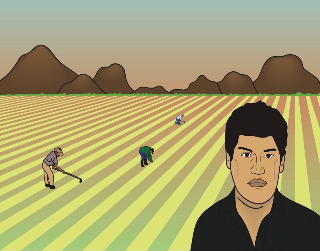 A digital portrait of my dad at the forefront. A vast agricultural field in the background with workers tilling the land. A mountain range is seen in the end of the background.