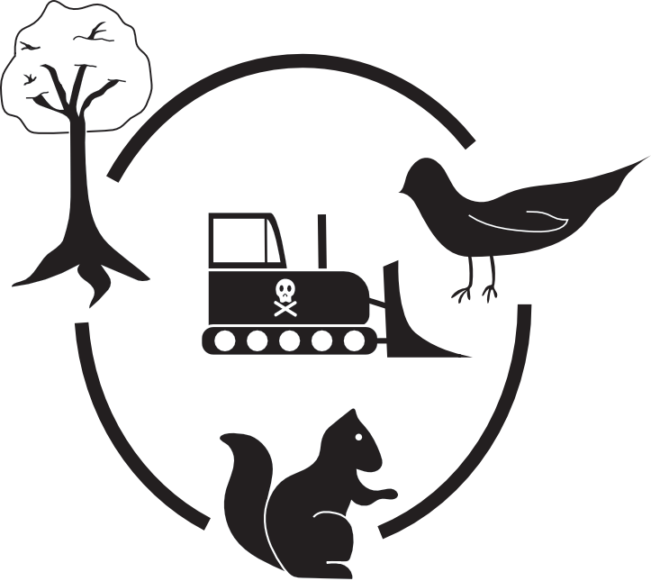 In the middle is a bulldozer with a skull printed on its side. A tree, bird, and squirrel surround it by a circle.