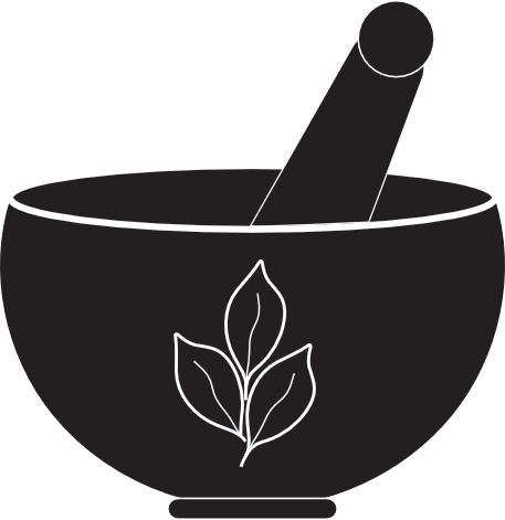 A mortar and pestle with a leave symbol inscribed on it.