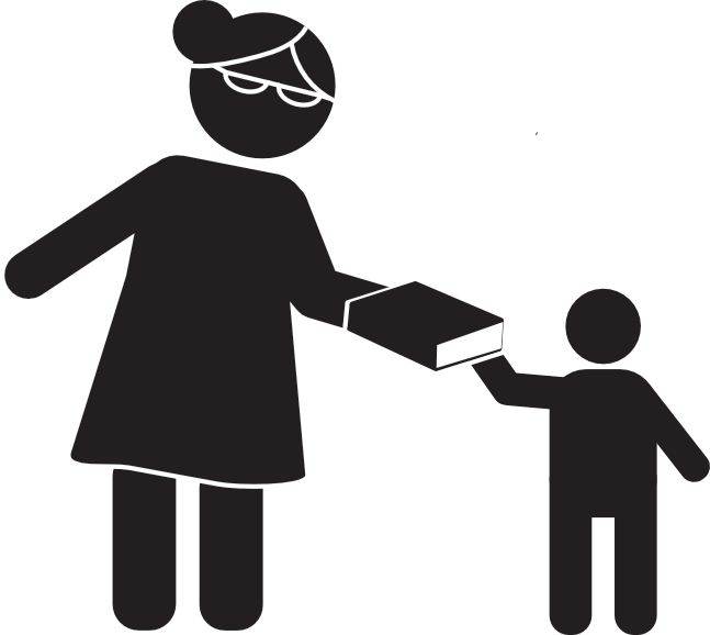 A grandma figure icon wearing glasses handing a book to a toddler figure icon.