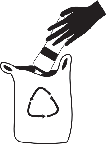 A hand places a plastic bottle into a bag. The bad has the recycling symbol three arrows forming a triangle on the front.